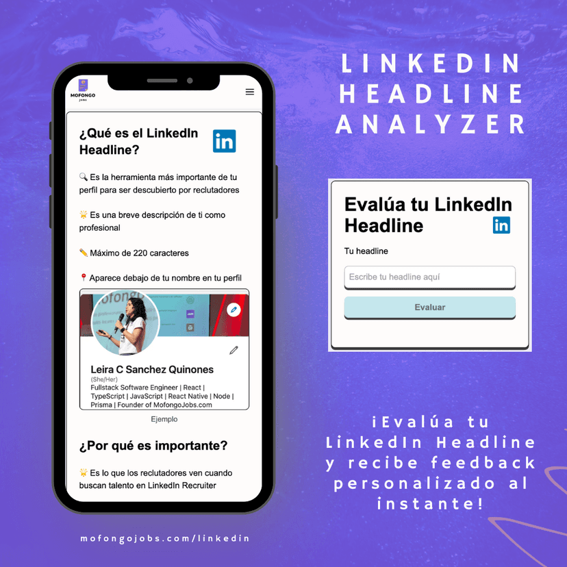 An advertisement for a LinkedIn Headline Analyzer tool displayed on a smartphone and desktop background. The left side shows a smartphone with an example of a LinkedIn profile and headline, while the right side has a text box prompting users to evaluate their LinkedIn headline for instant personalized feedback. The background is purple with a website URL at the bottom.