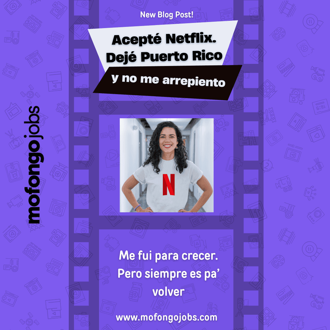 Image featuring a smiling woman wearing a white t-shirt with the red Netflix logo, standing confidently in a hallway. The background is bright purple with icons related to media and work