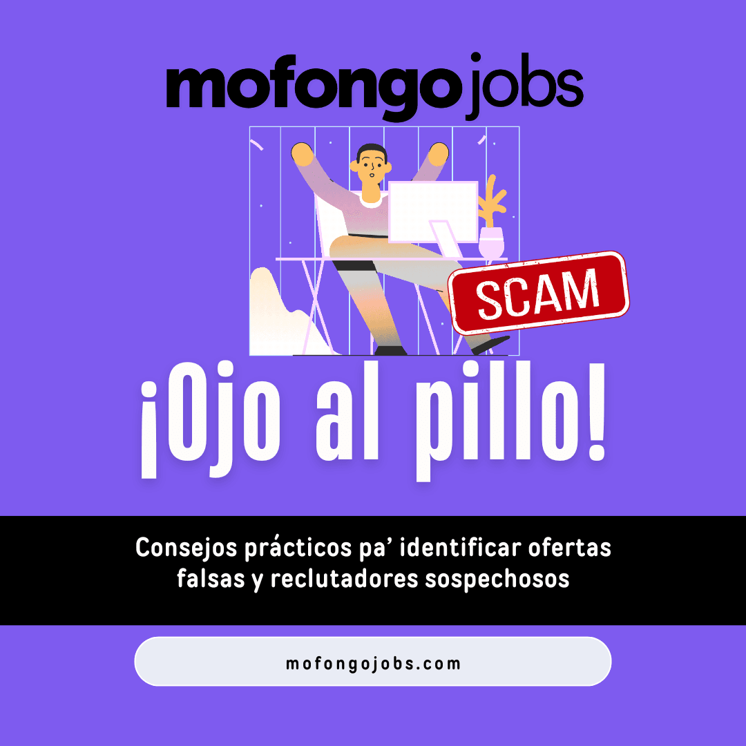 Ilustración mostrando una persona sorprendida frente a su computadora, con la palabra "SCAM" destacada, acompañada del texto: "¡Ojo al pillo! Consejos prácticos pa’ identificar ofertas falsas y reclutadores sospechosos" Ilustración mostrando una persona sorprendida frente a su computadora, con la palabra "SCAM" destacada, acompañada del texto: "¡Ojo al pillo! Consejos prácticos pa’ identificar ofertas falsas y reclutadores sospechosos"