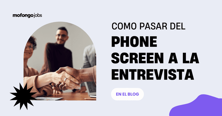 Cómo pasar del phone screen a entrevista: 6 trucos para brillar en tu búsqueda de empleo en Puerto Rico escrito en un celular con fondo azul y figuras violetas. Además el logo y url de mofongo jobs