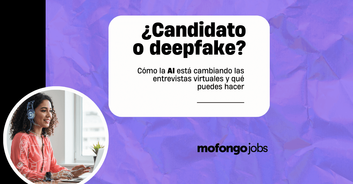 A woman wearing a headset at a desk for a virtual interview. The image is overlaid with the title '¿Candidato o deepfake? Cómo la AI está cambiando las entrevistas virtuales y qué puedes hacer' in bold text, with the Mofongo Jobs logo at the bottom A woman wearing a headset at a desk for a virtual interview. The image is overlaid with the title '¿Candidato o deepfake? Cómo la AI está cambiando las entrevistas virtuales y qué puedes hacer' in bold text, with the Mofongo Jobs logo at the bottom