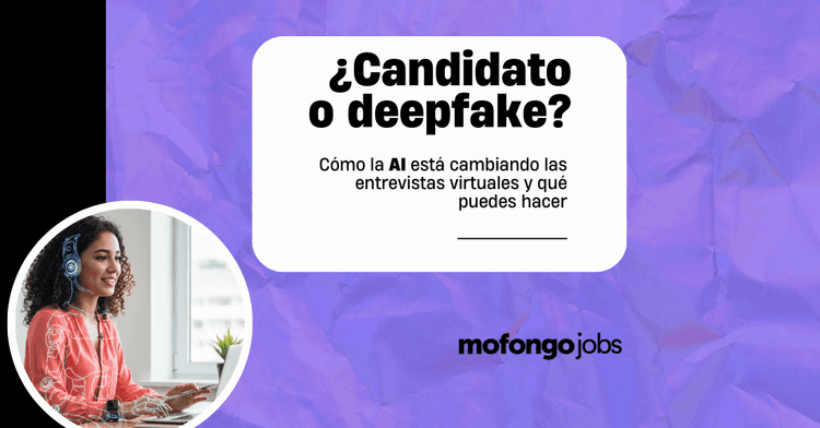 A woman wearing a headset at a desk for a virtual interview. The image is overlaid with the title '¿Candidato o deepfake? Cómo la AI está cambiando las entrevistas virtuales y qué puedes hacer' in bold text, with the Mofongo Jobs logo at the bottom